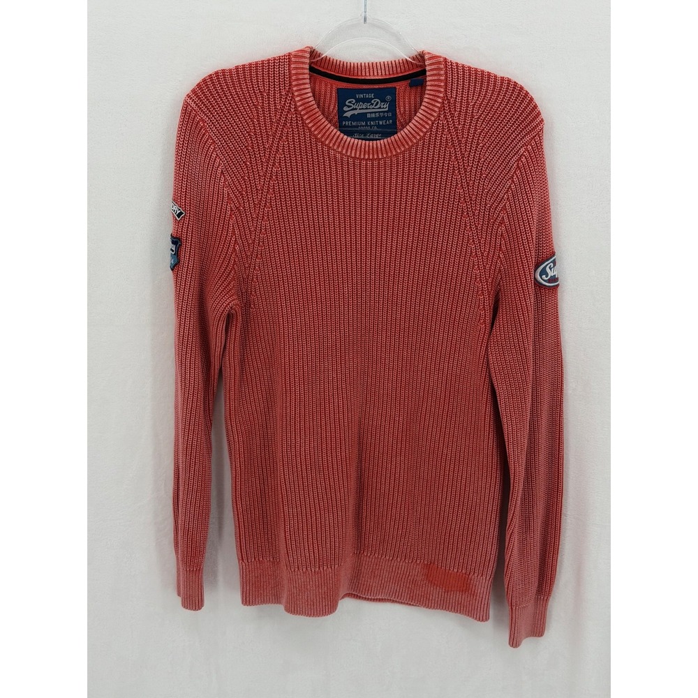Superdry Sweater Mens Large Red Premium Knitwear Cotton Crew‎ Neck Logo Patches